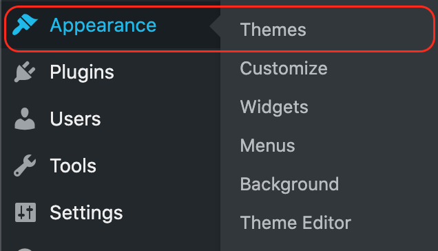 Screenshot of Appearance submenu items in the WordPress menu dashboard.