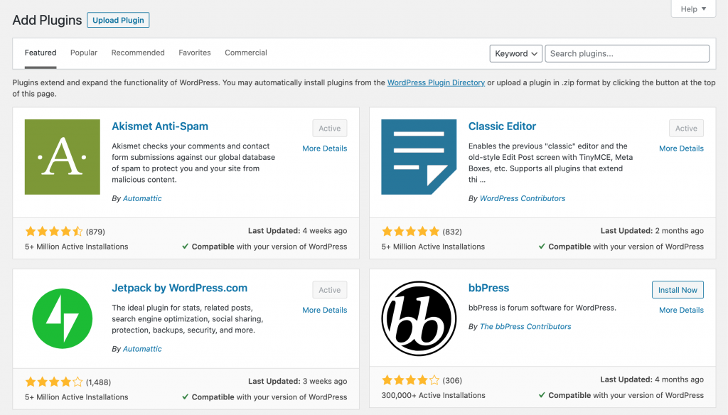 WordPress plugin dashboard
