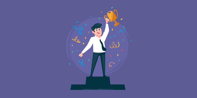 A drawing of a man holding a trophy as a synonym of the best solution in software for knowledge base category