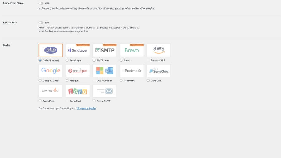 A selection screen for various mailer services within a WordPress plugin, including options for PHP, Google/Gmail, Mailgun, and others.