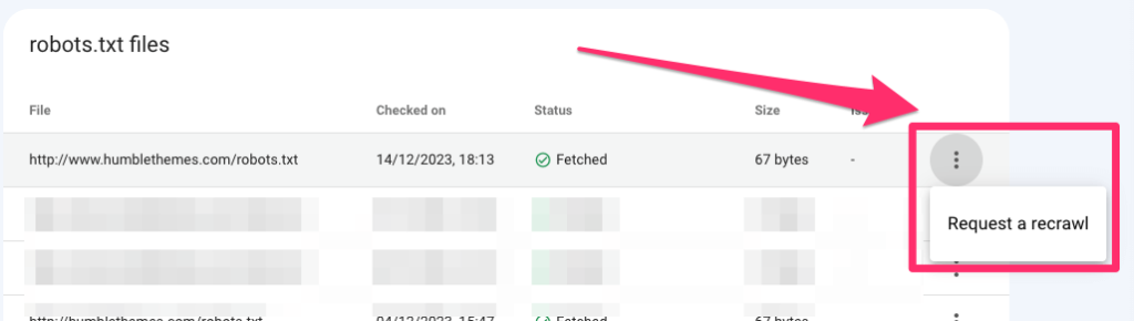 Google Search Console's robots.txt tester showing a fetched status of the robots.txt file, with an option to request a recrawl of the site.