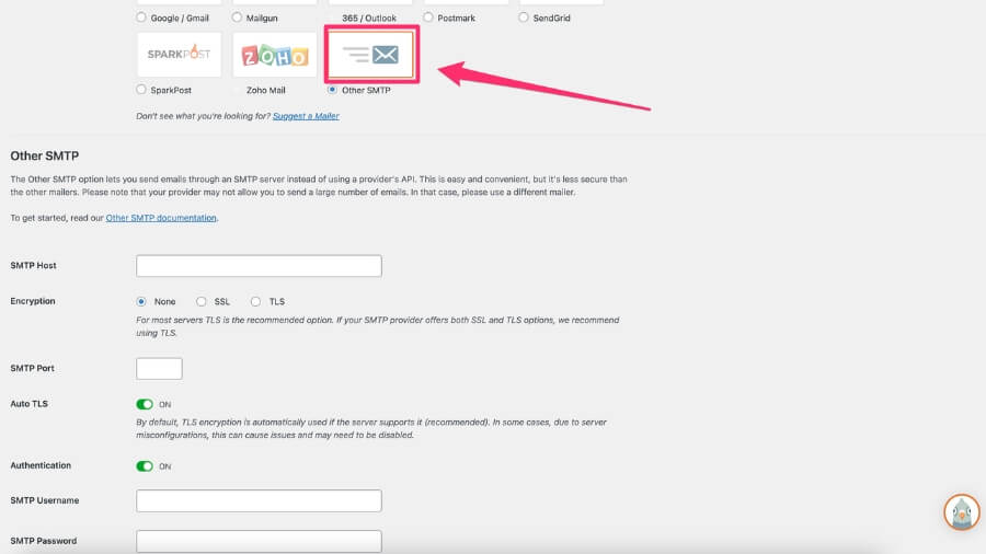 A detailed settings page for an "Other SMTP" option within a WordPress plugin, with fields for SMTP Host, Encryption, SMTP Port, Auto TLS, Authentication, SMTP Username, and SMTP Password.
