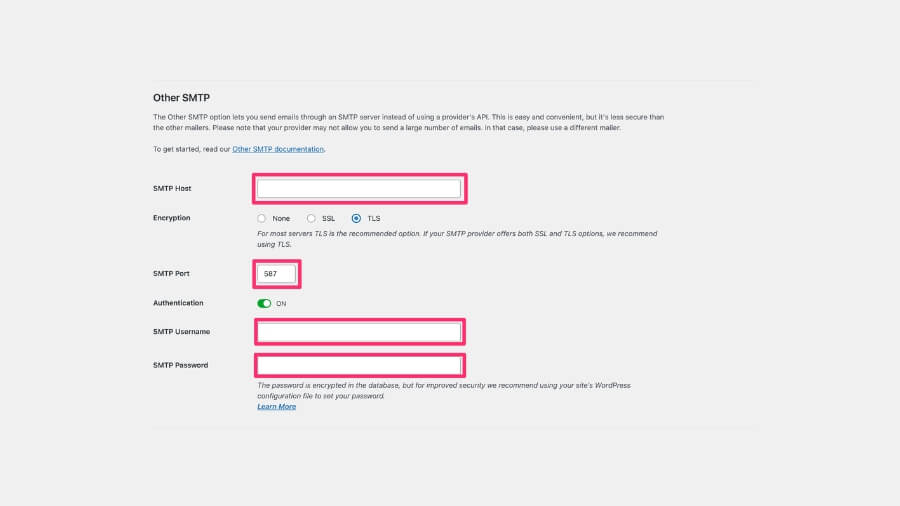 The same settings page as in Image 4, but with the fields for SMTP Host, Encryption type, SMTP Port, and credentials highlighted, presumably to guide the user through configuration.